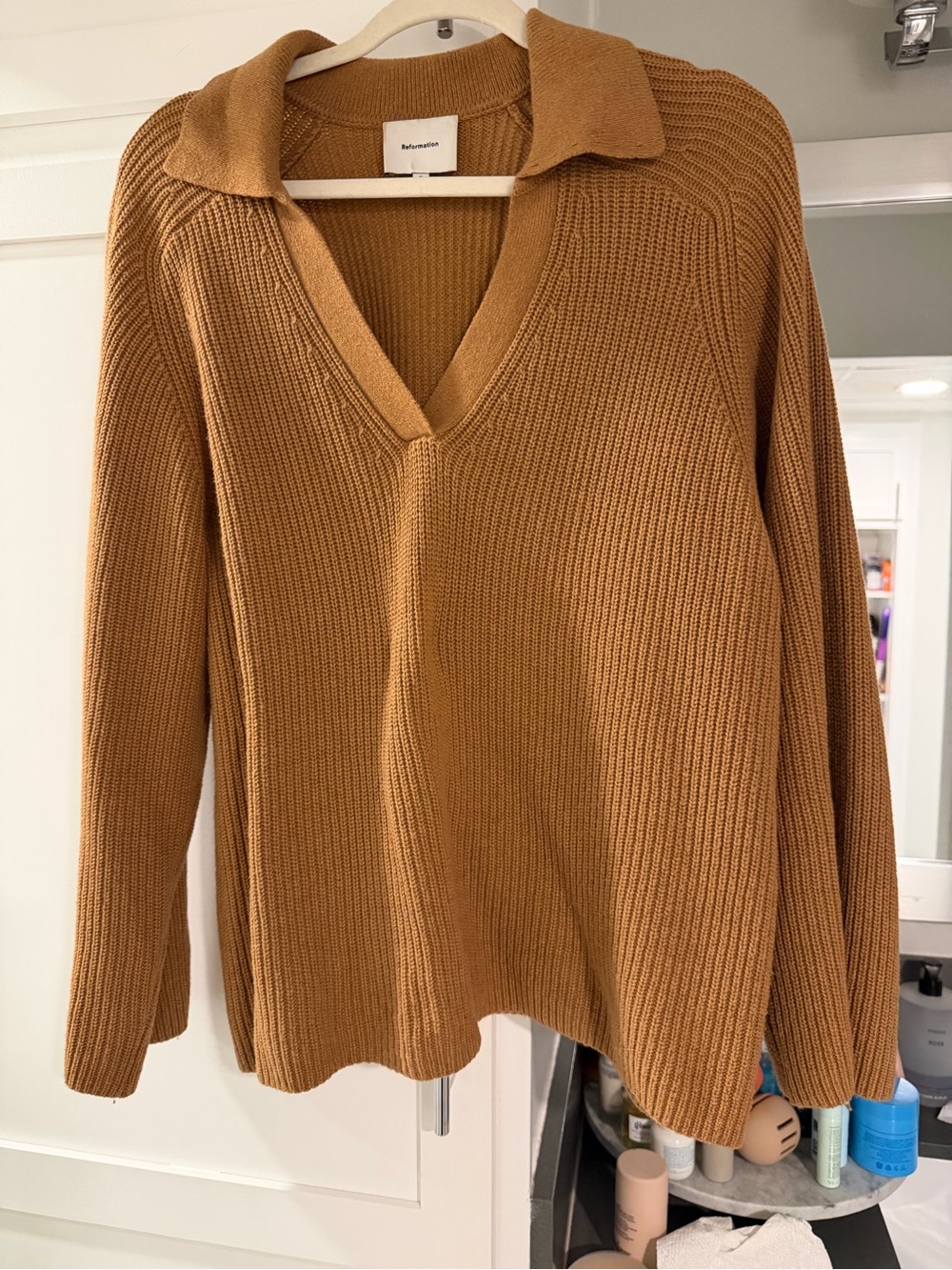 Reformation V-Neck Collared Sweater in Camel Brown